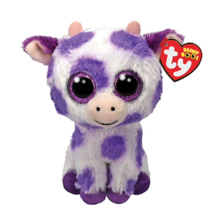 TY Beanie Boos Ethel Χνουδωτή Αγελαδίτσα Λευκή Με Μωβ Στάμπες 15εκ