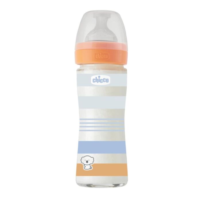 Chicco Glass Baby Bottle Well Being Anti-Colic with Silicone Nipple Blue 240ml For 0+ Months