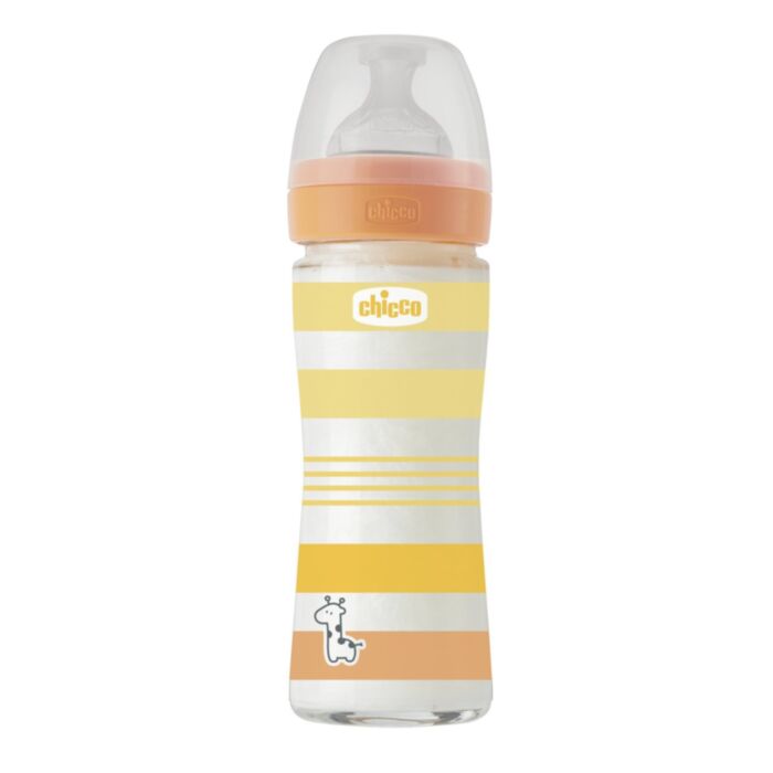 Chicco Glass Baby Bottle Well Being Anti-Colic with Silicone Nipple Yellow 240ml For 0+ Months