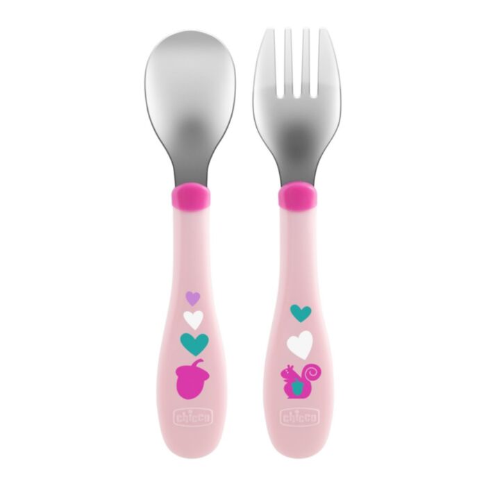 Chicco Baby Fork & Spoon Set Pink for 18+ Months