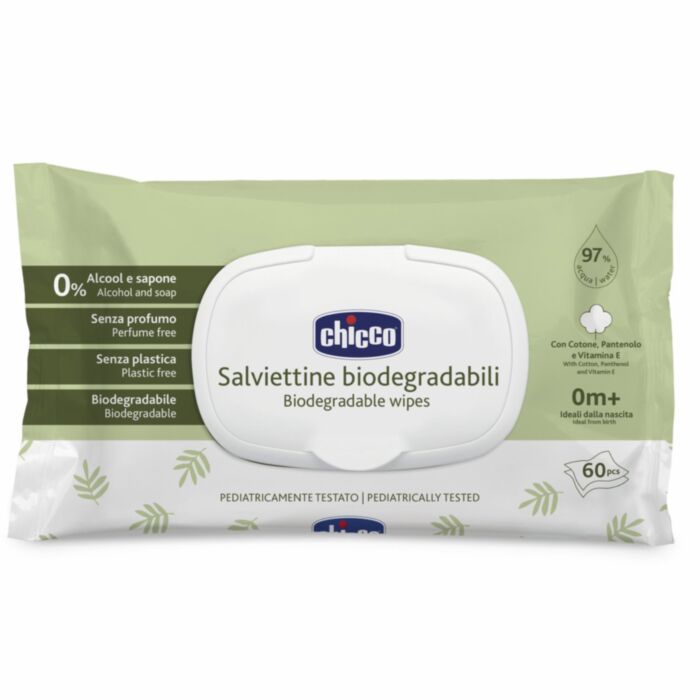 Chicco Biodegradable Baby Wipes with 97% Water & Flip-Top Lid 60 pcs